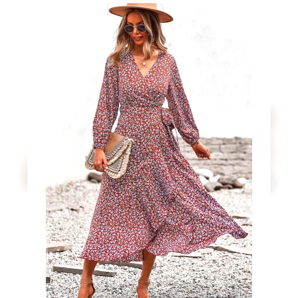 Pretty Garden size L NWT floral wrap dress. Color is like a dark orange/ Rust.